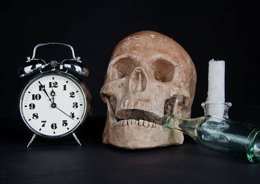 clock, alarm clock, time, skull, candle, a bottle of, glass, HD wallpaper