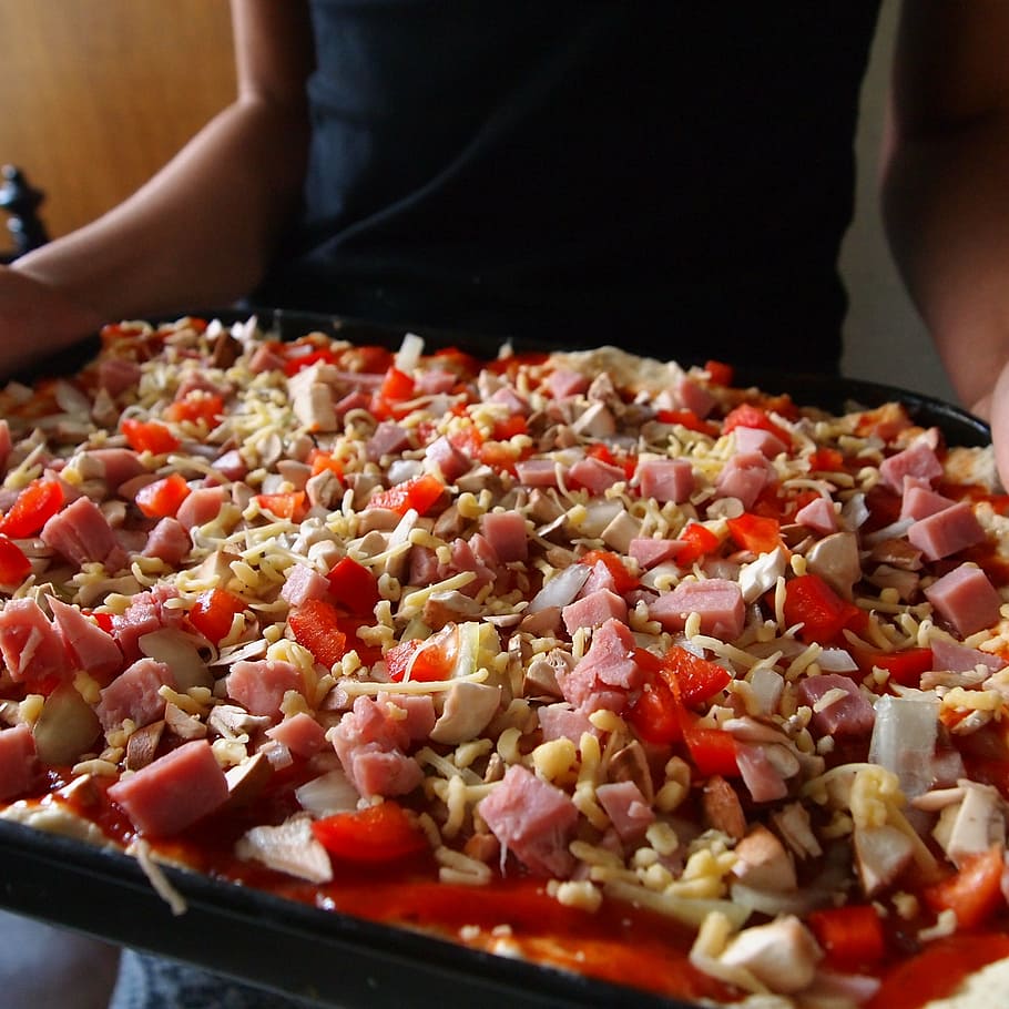 baking, pizza baking, fresh pizza, baking pan, stick, food HD wallpaper