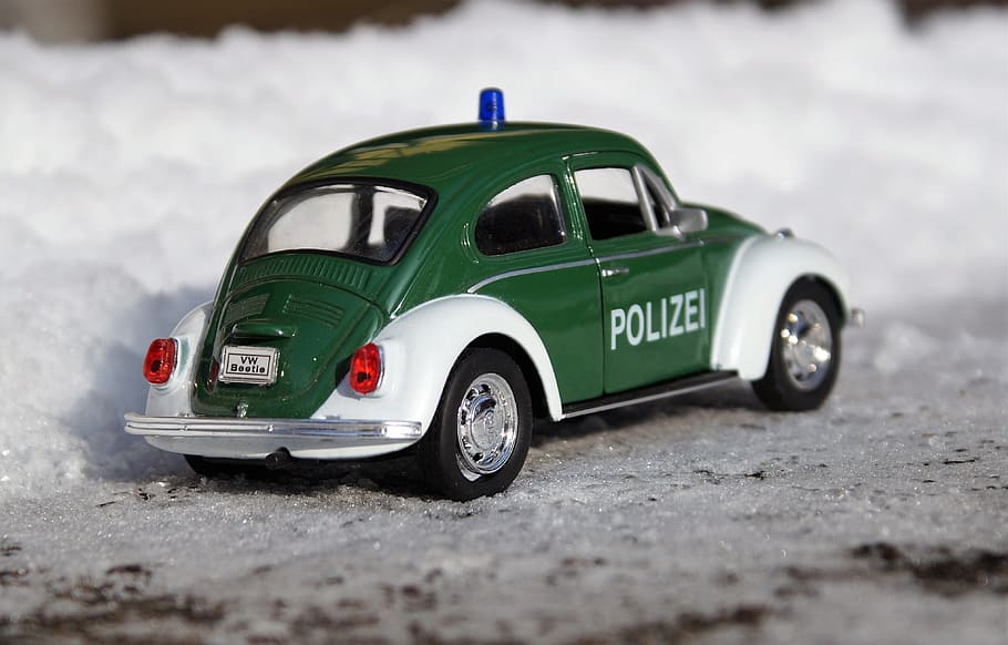 Model Car, Auto, Vw, Oldtimer, vehicles, beetle, police, snow HD wallpaper