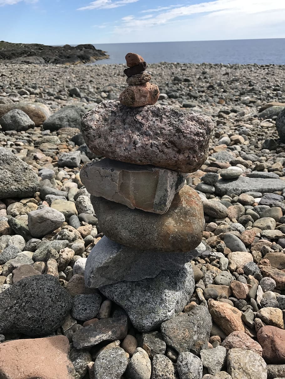 rocks, sea, cairn, solid, rock - object, stack, sky, stone - object HD wallpaper