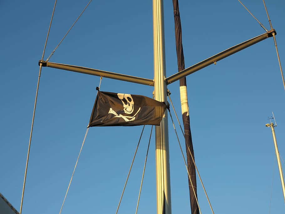 pirate, sea, blue, flag, pirate ship, sailing boat, masts, boot HD wallpaper