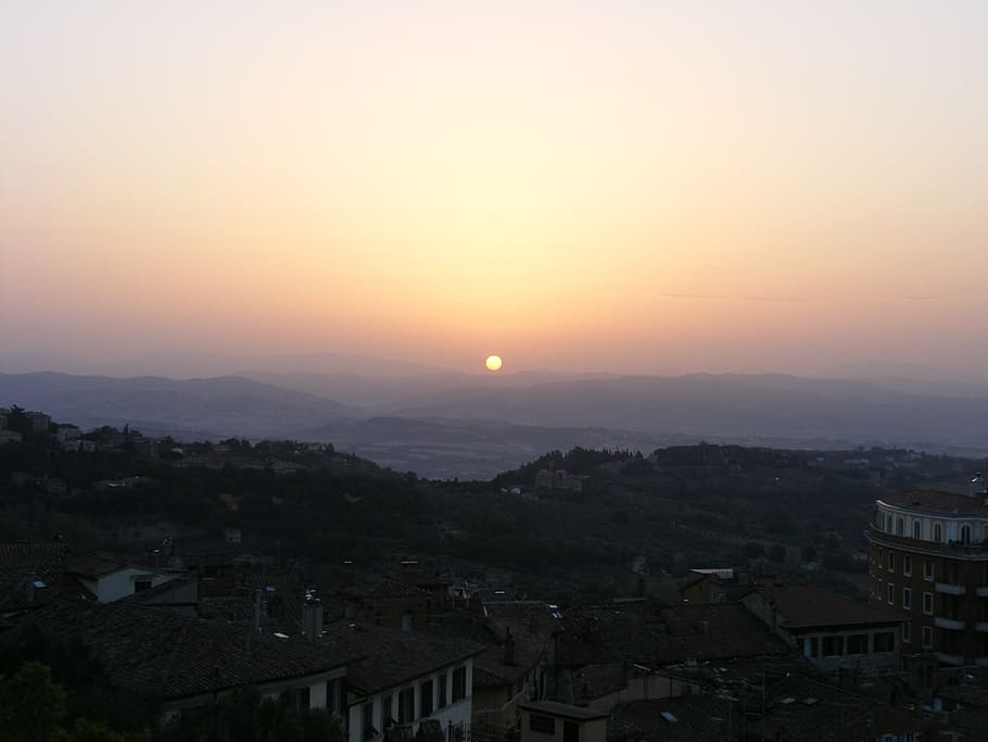 dawn, perugia, sun, rooftop, sky, architecture, building exterior, HD wallpaper