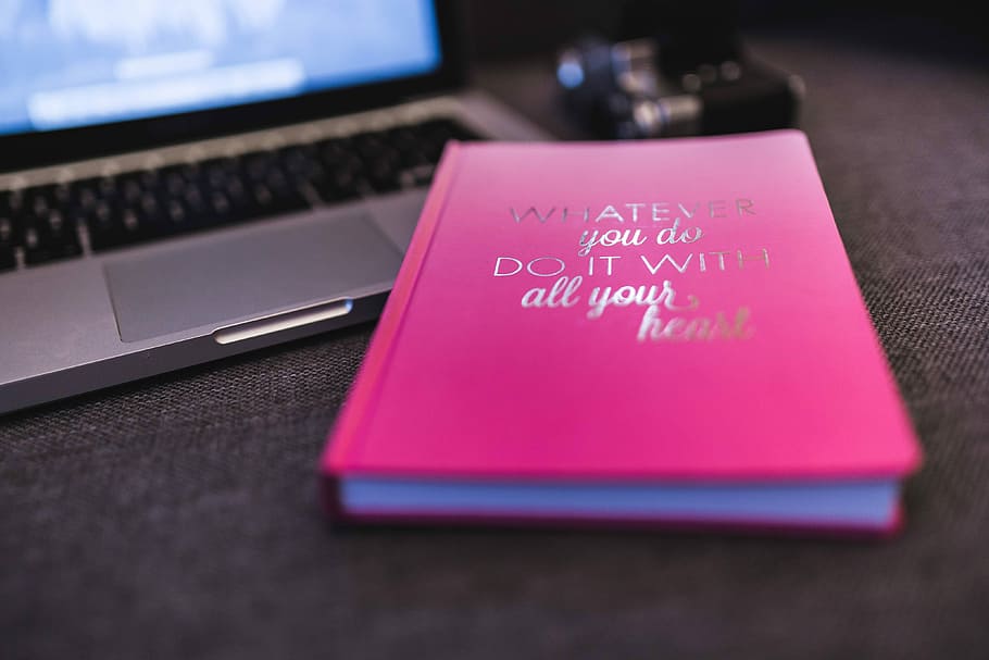 Pink notebook with a silver laptop and a camera, diary, computer HD wallpaper