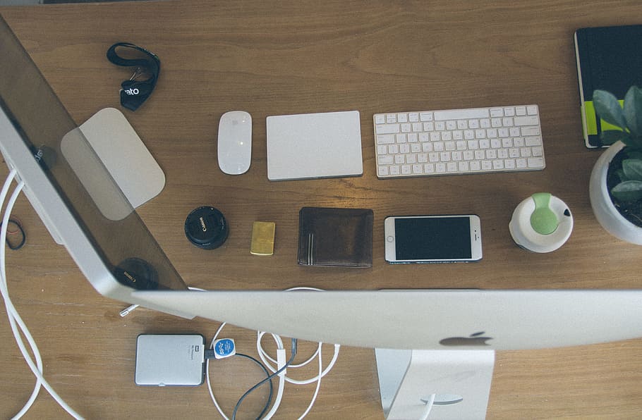 apple, desk, table, technology, computer, electronics, imac, keyboard HD wallpaper