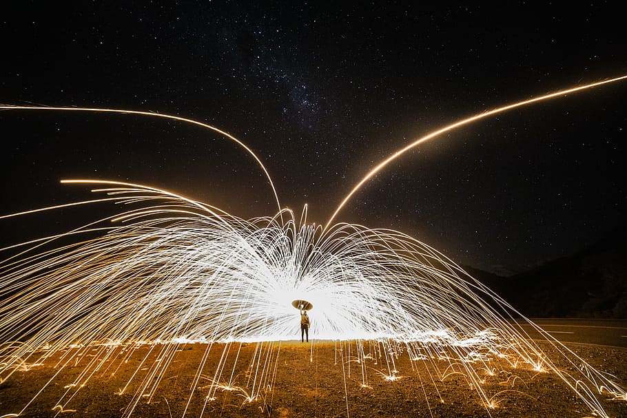 bright, dark, evening, explosion, fireworks, flame, flash, illuminated HD wallpaper