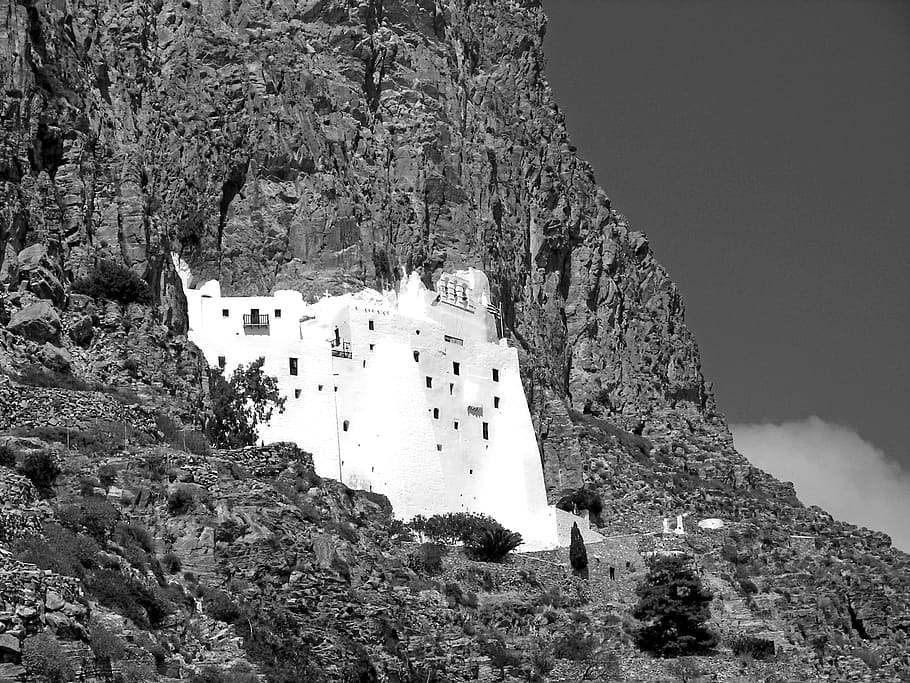 Monastery, Cyclades, Amorgos, cliff, greece, hellas, monochrome, HD wallpaper