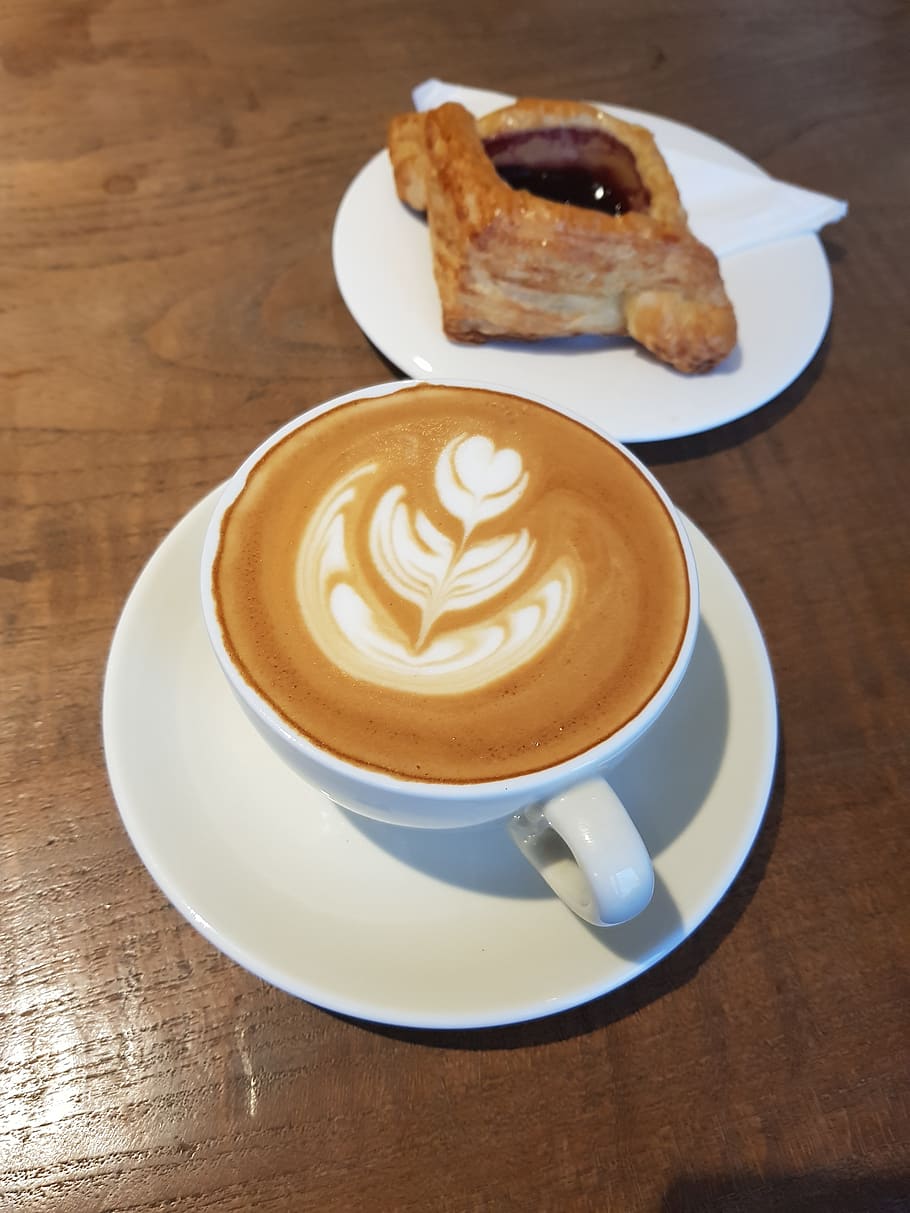 coffee, pastry, danish, coffee cup, drink, coffee - drink, food and drink HD wallpaper