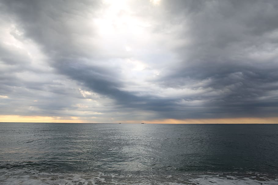 sea, cloud, grey clouds, cloudy sky, dark clouds, panorama HD wallpaper