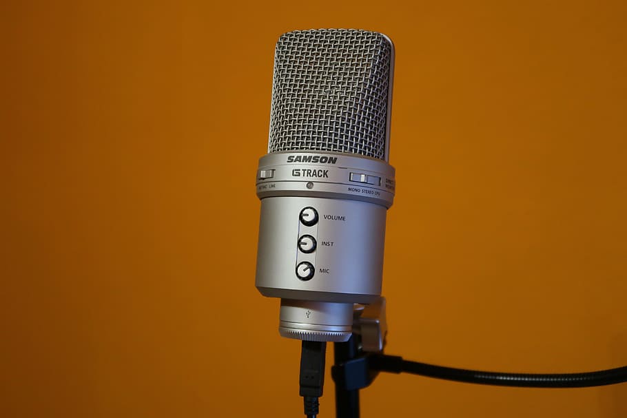 gray Samson CS Track condenser microphone, subject, orange wall, HD wallpaper