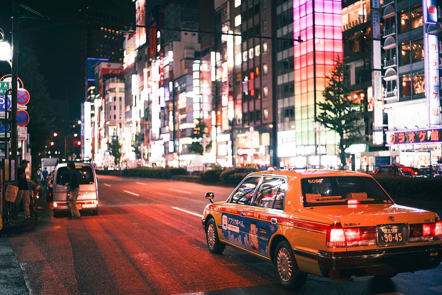 car, van, vehicle, road, street, city, night, lights, people HD wallpaper