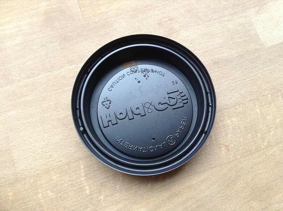 black disposable plastic lid, steel, container, brown, wooden HD wallpaper