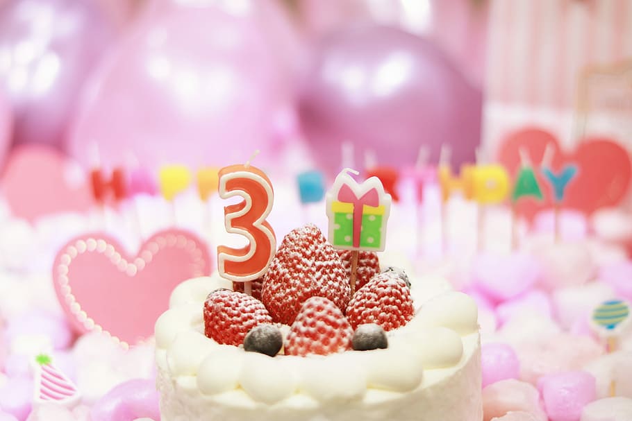white cake with strawberries on top, dessert, food, celebration HD wallpaper