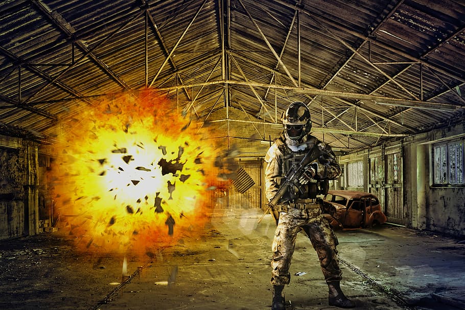 game screengrab, abandoned place, destruction, soldier, explosion, HD wallpaper