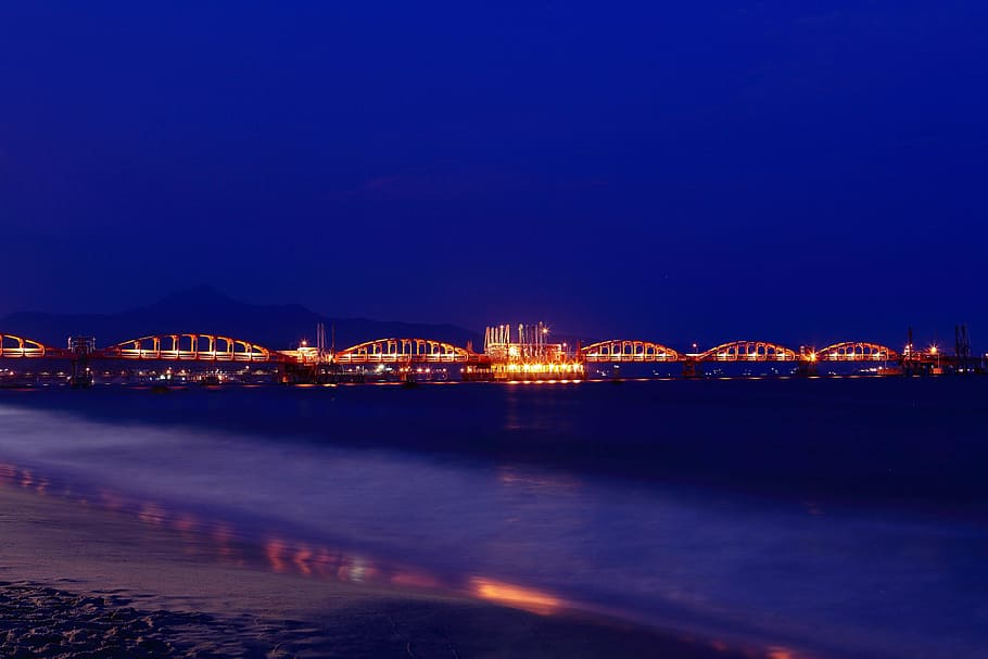 light, oil, pipeline, beach, architecture, water, night, built structure HD wallpaper