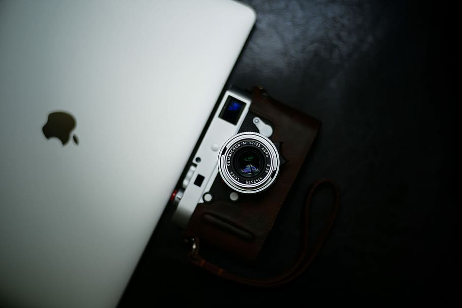 flat lay photo of MILC camera near MacBook, white iPad with camera, HD wallpaper