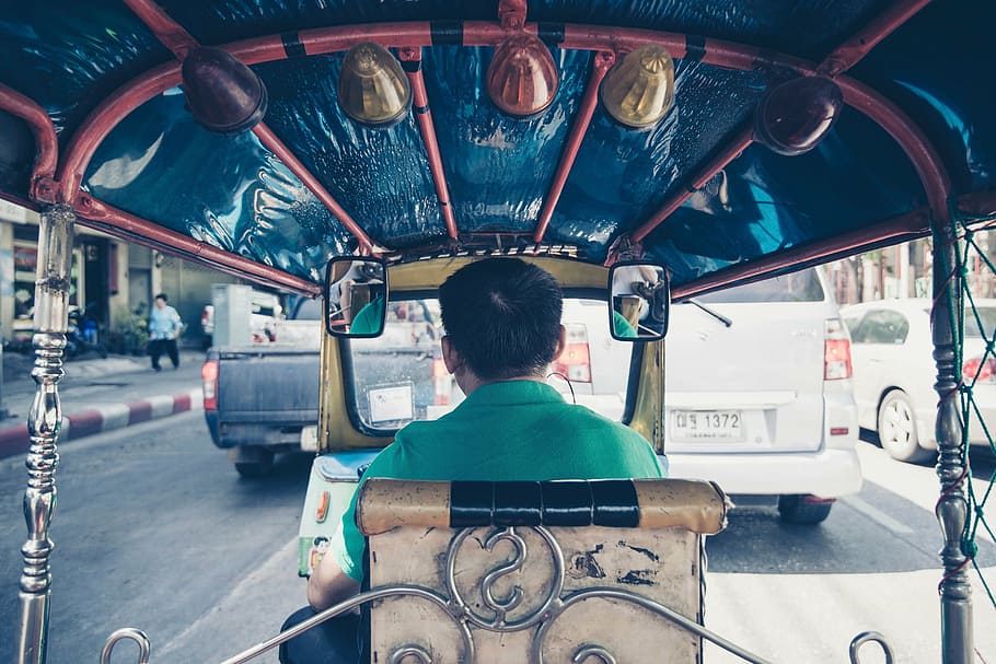 person driving autorickshaw, man, guy, vehicle, back, transportation HD wallpaper