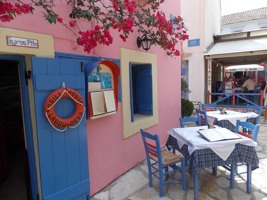greece, blue, table, vacation, travel, summer, mediterranean, HD wallpaper