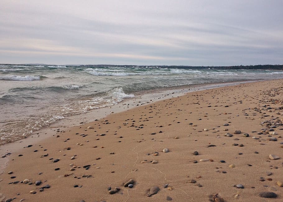 beach shore, sand waves, coast, cloudy, sea, land, water, sky HD wallpaper