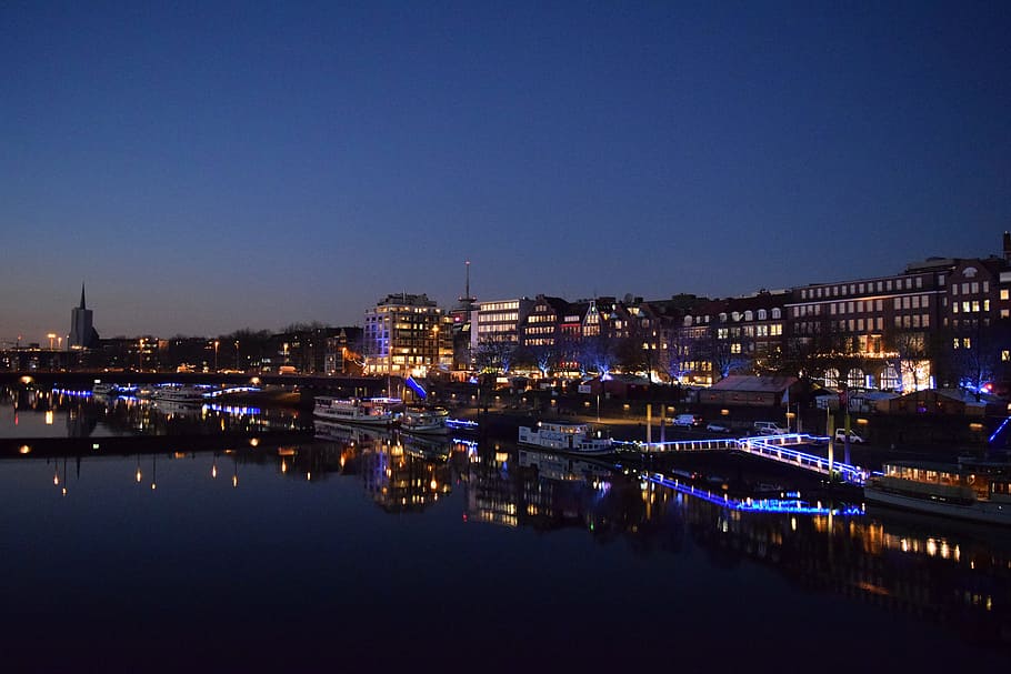 Bremen, Weser, Kill, Twilight, blue, atmosphere, ships, river HD wallpaper