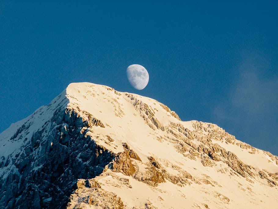 snow covered mountain, moon, sky, landscape, nature, night HD wallpaper