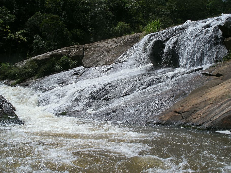 waterfall, stones, landscape, flowing water, motion, beauty in nature HD wallpaper