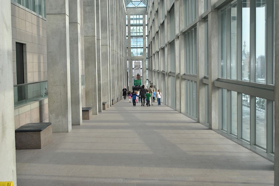 people walking at the hallway, corridor, massive, interior HD wallpaper