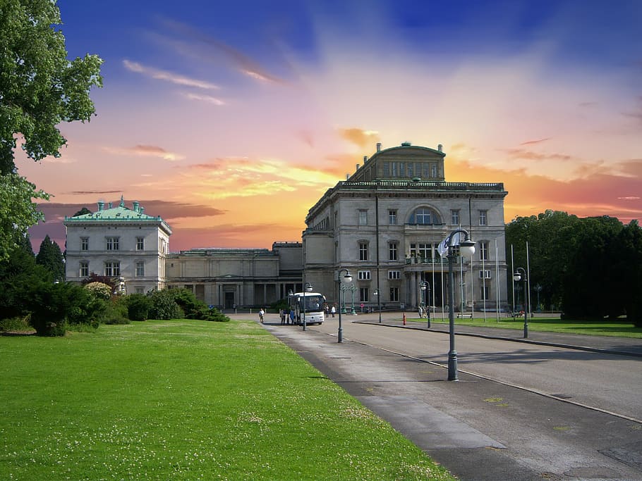 sunset, villa, summer, abendstimmung, sky, park, landscape HD wallpaper