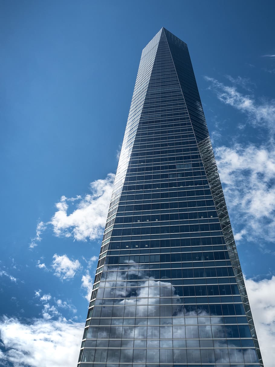 low angle photography of building, torres, madrid, sky, clouds HD wallpaper