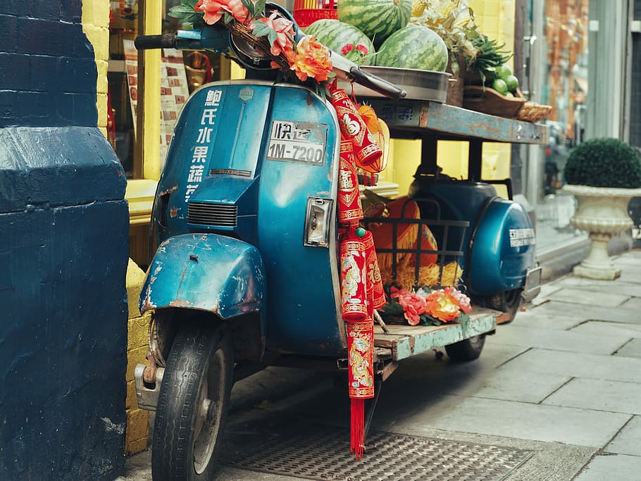 blue motor scooter loaded with fruits, moped, stall, market, pavement