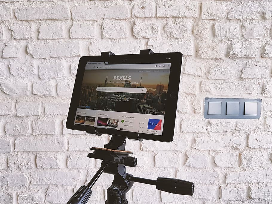 turned-on black tablet computer, technology, tripod, pexels HD wallpaper