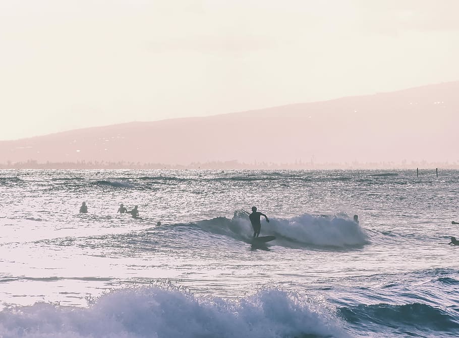 HD wallpaper: person riding surfboard, man surfing during golden hour