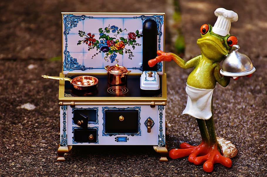 frog chef figurine on ground, cooking, stove, pan, pot, eat HD wallpaper