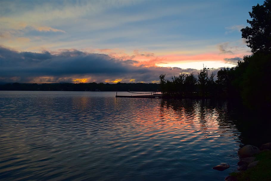 sunset, clouds, sky, lake, nature, landscape, summer, light HD wallpaper
