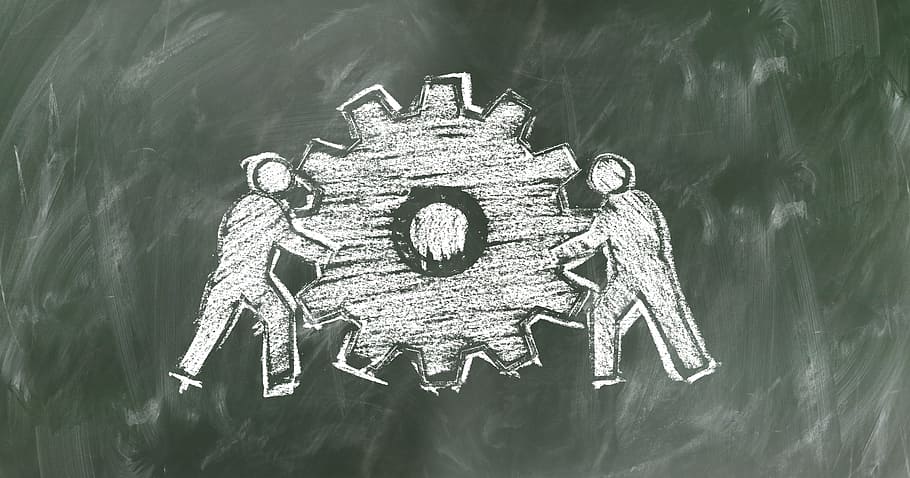 two person holding gear illustration on board, Teamwork, Chalk