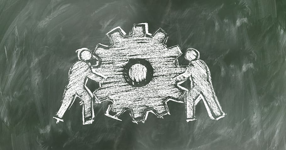 two person holding gear illustration on board, Teamwork, Chalk HD wallpaper