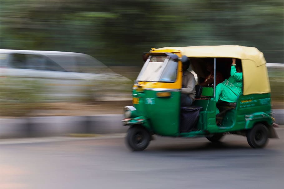 Green and Yellow 3 Wheeled Vehicle, auto, auto rickshaw, street HD wallpaper