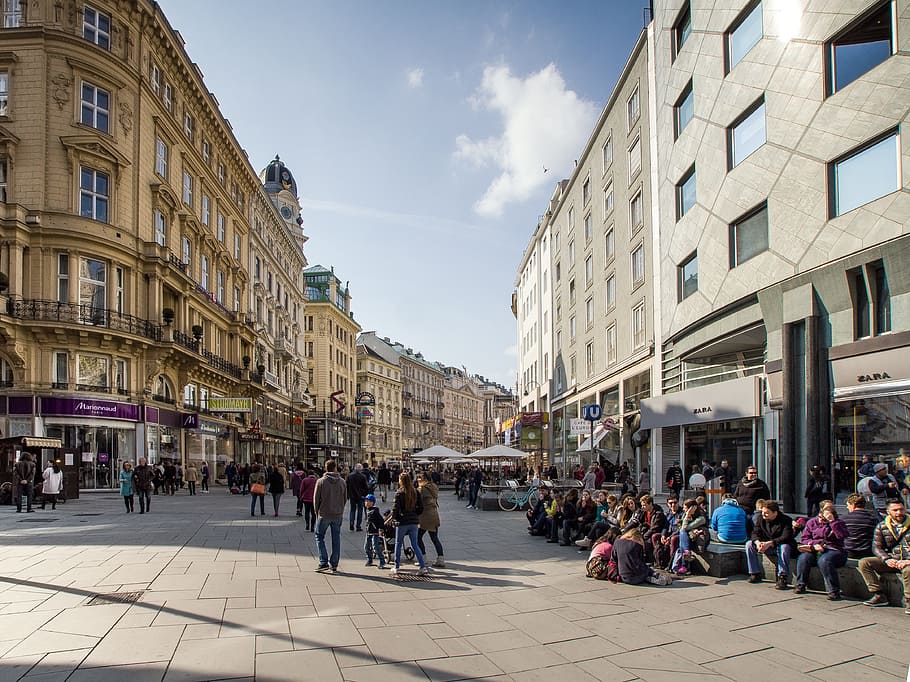 people on the streets between high-rise buildings, vienna, downtown HD wallpaper