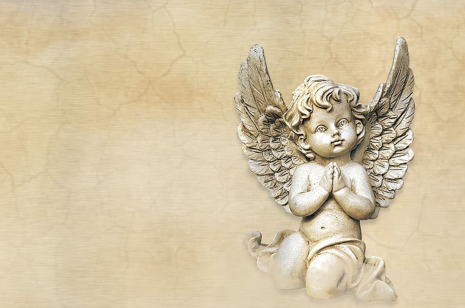 cherub statue, angel, religion, wing, faith, fromm, pray, sculpture, HD wallpaper