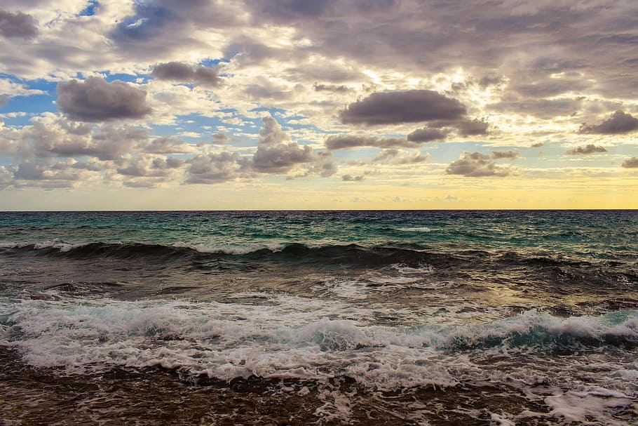 seascape, waves, sky, clouds, nature, beach, autumn, sunlight HD wallpaper