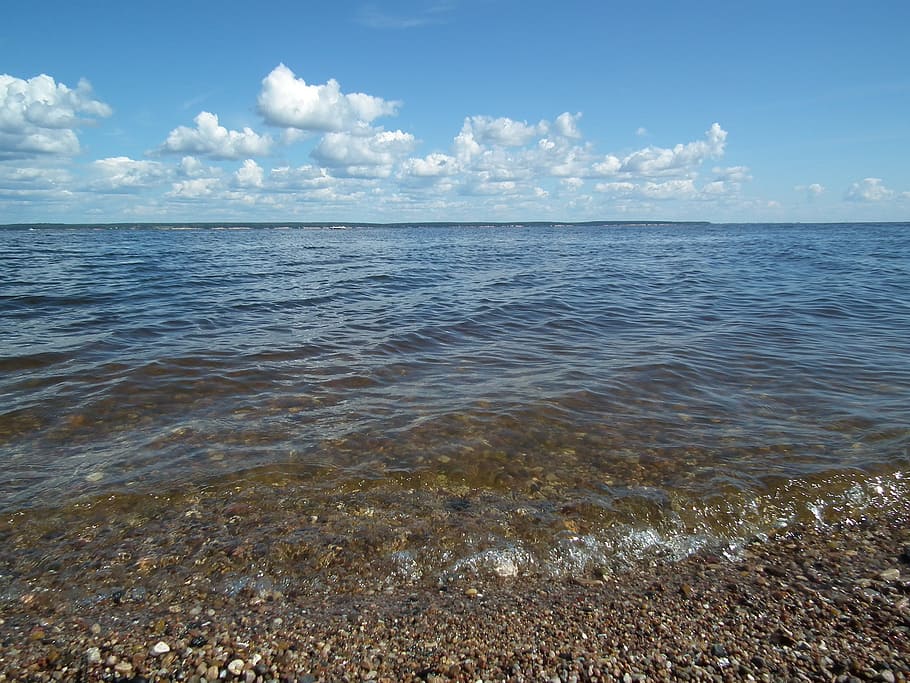 reservoir, water surface, wave, clouds, beach, sand beach, waters HD wallpaper