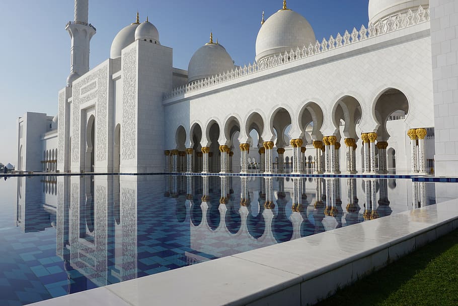 photography of white mosque with pool, arabian, marble, abu dhabi HD wallpaper