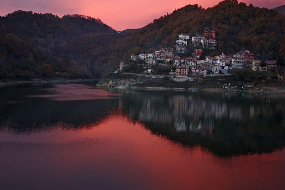 lazio, italy, sky, clouds, dusk, sunset, river, lake, water HD wallpaper