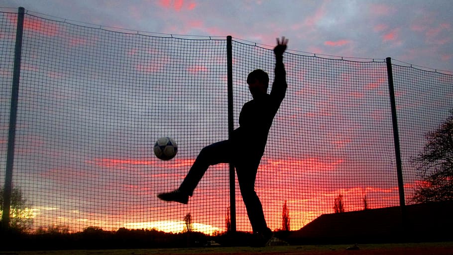 Boy, Sunset, Sport, silhouette, sky, one person, soccer, nature HD wallpaper