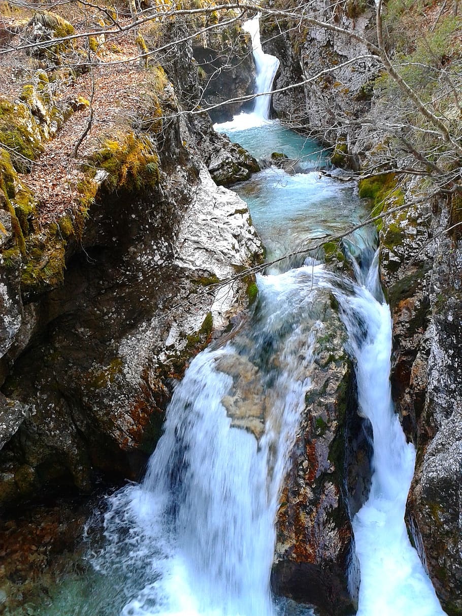 stream, water, forest, mountain, waterfall, rock, flowing water HD wallpaper