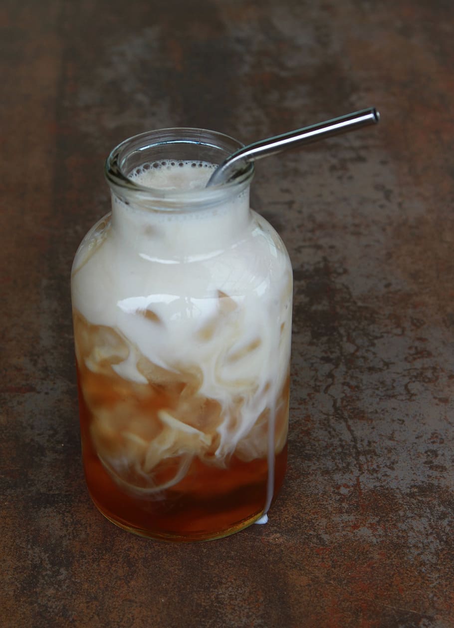 clear glass jar, Thai Iced Tea, Beverage, refreshment, coconut milk