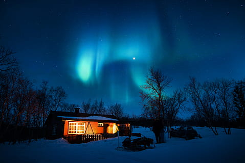 brown house, aurora borealis, blue, cabin, cold, lights, night HD wallpaper