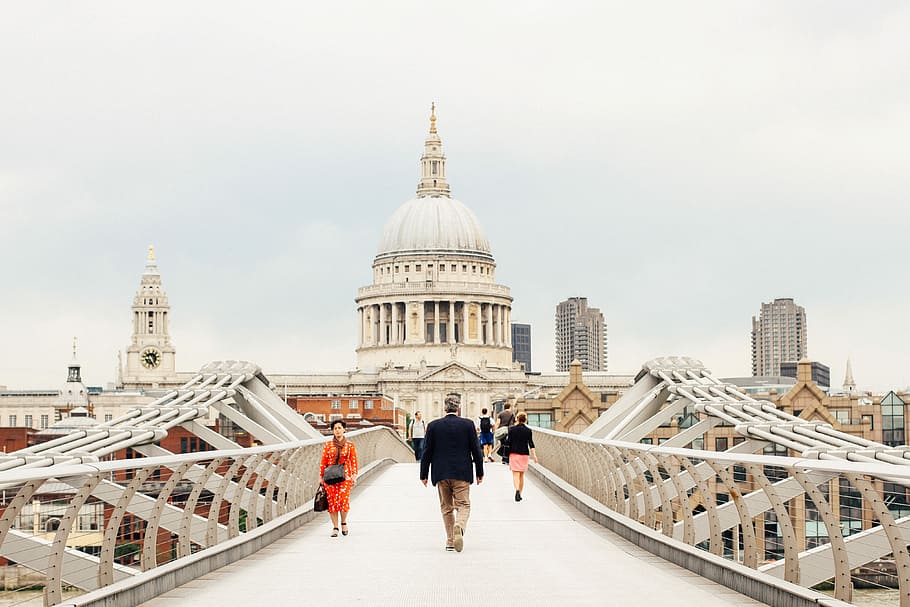 white temple, people walking on bridge during day time, pedestrian HD wallpaper