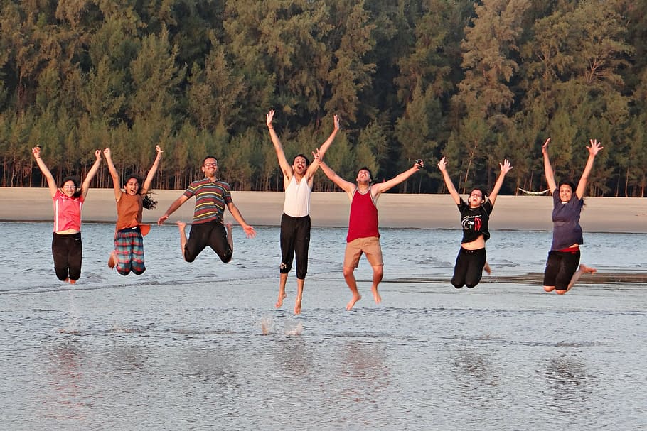 group of people jumpshot on the body of water, youngsters, happy, HD wallpaper