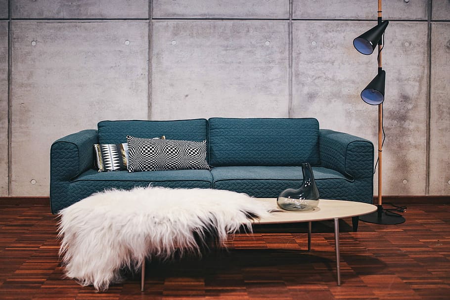 Blue sofa with pillows in a designer living room interior, home decor, HD wallpaper