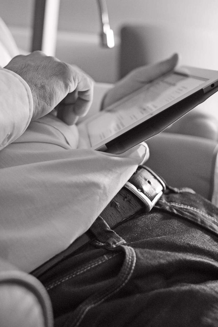 grayscale photo of man holding table computer, ipad, plan, business